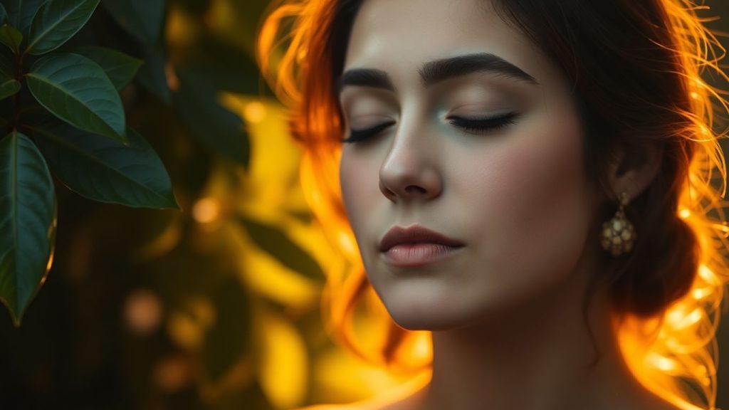 Person relaxing with eyes closed in peaceful natural setting.