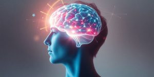 Person with glowing brain and colorful light trails.